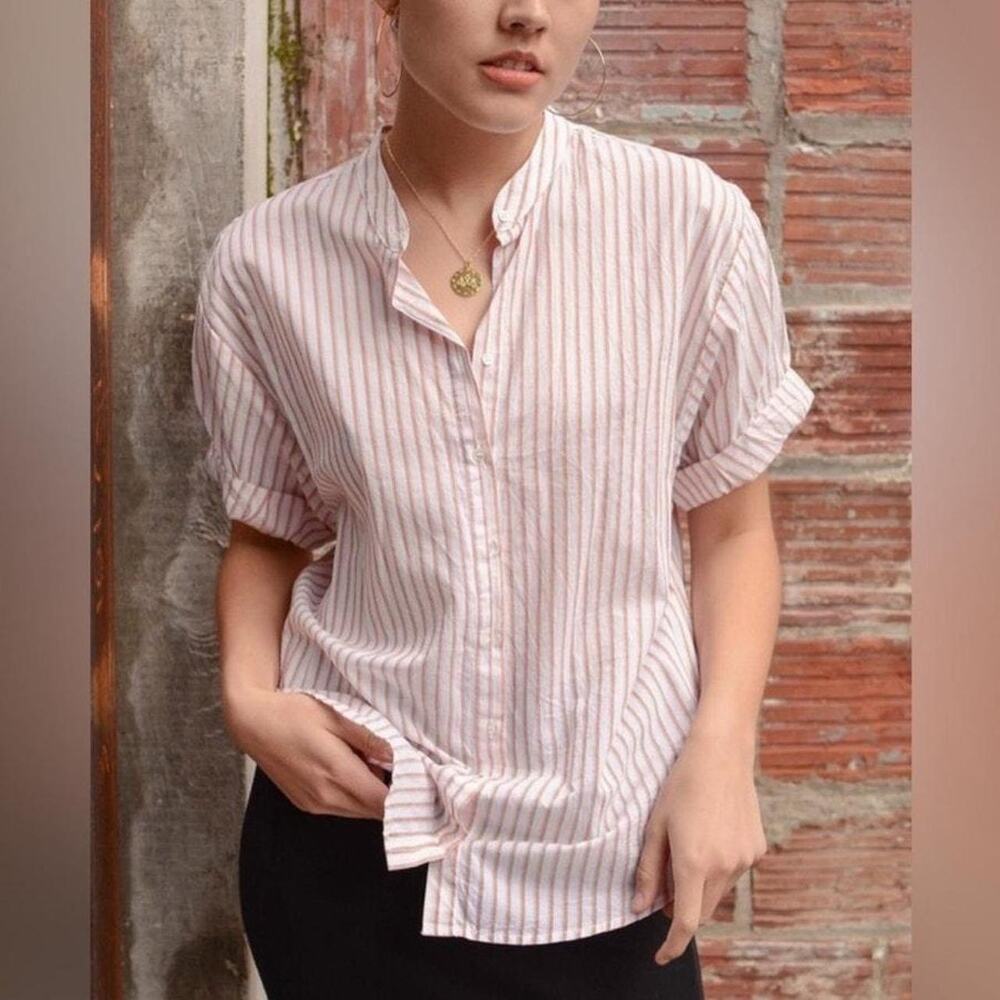 Xirena Kayden Lion Striped Button Front Short Sleeves Blouse 100% Cotton Sz S